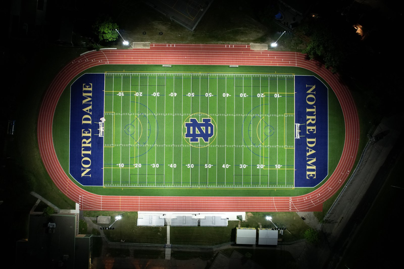 Notre Dame football field and track at night 2