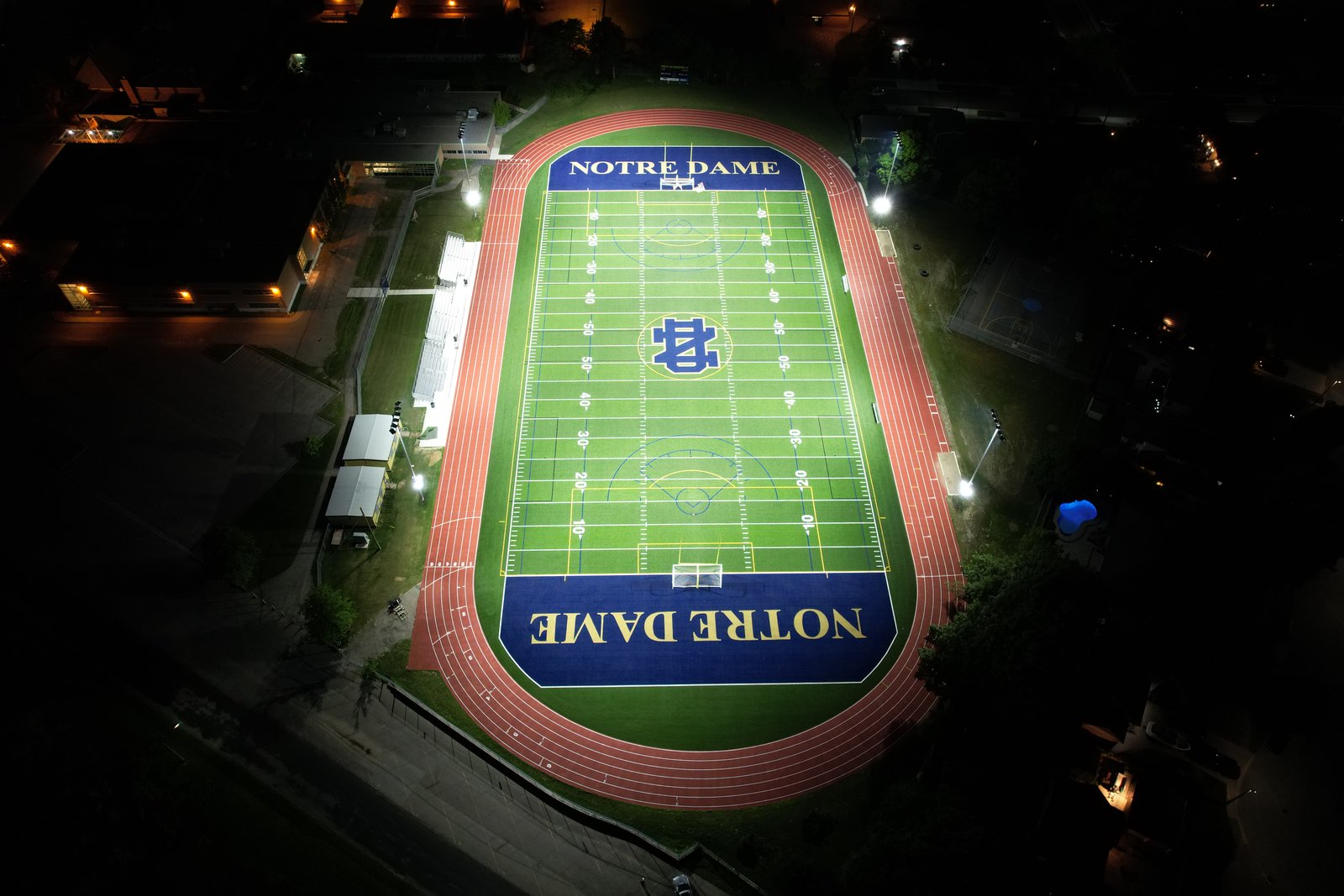 Notre Dame football field and track at night 4
